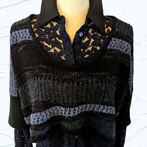 Free People Womens Waffle Knit Crop Pullover Navy/Black Sweater - Size (XS)